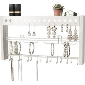 Wall Mount Jewelry Organizer with Metal Hooks